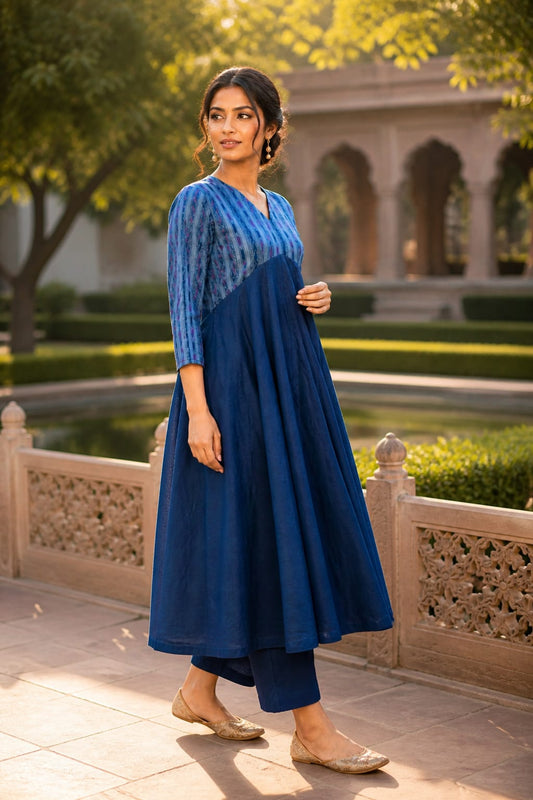 Handloom Stylish Anarkali Blue V Neck Kurta Set