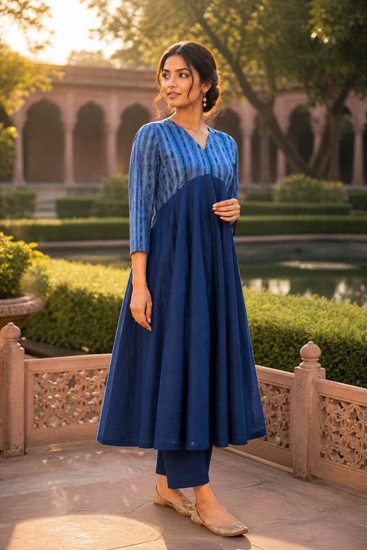 Handloom Stylish Anarkali Blue V Neck Kurta Set