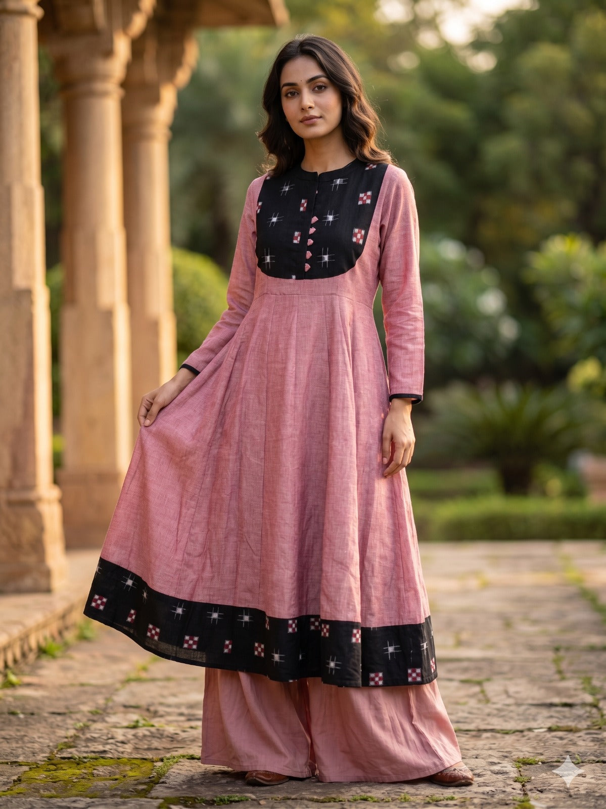 Handloom Pink &Black Star Anarkali  Kurta set