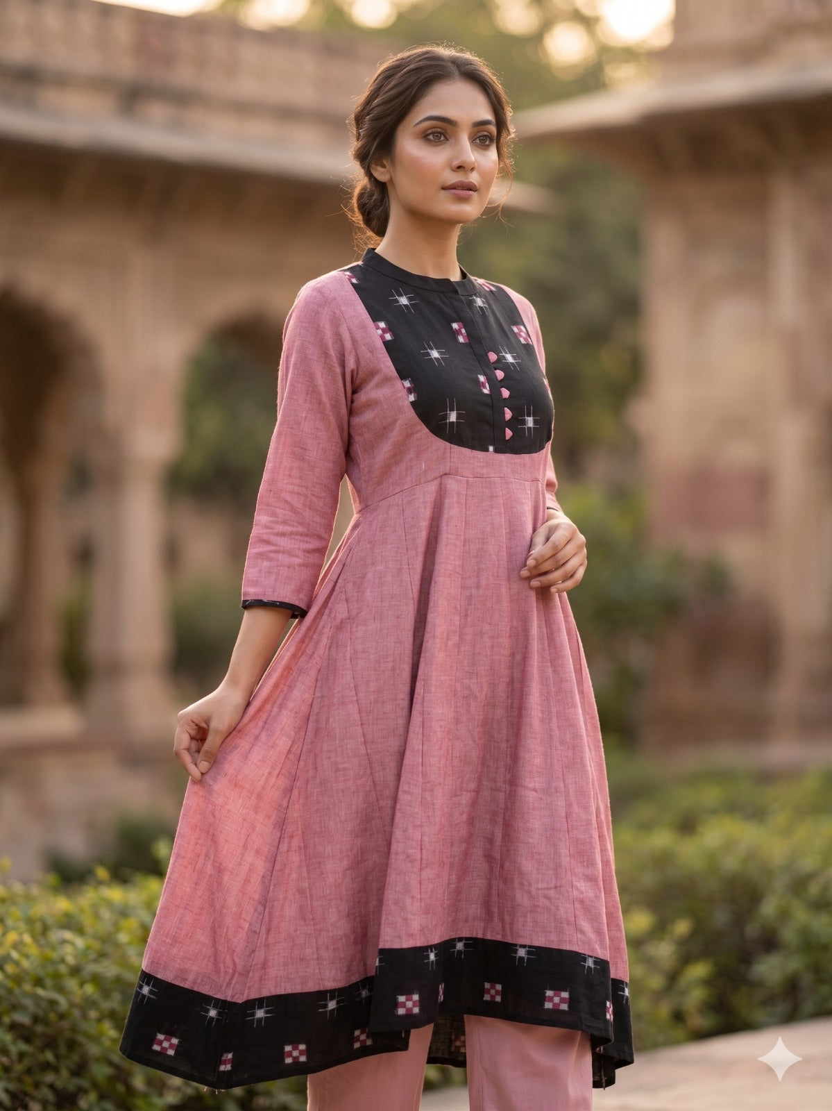 Handloom Pink &Black Star Anarkali  Kurta set