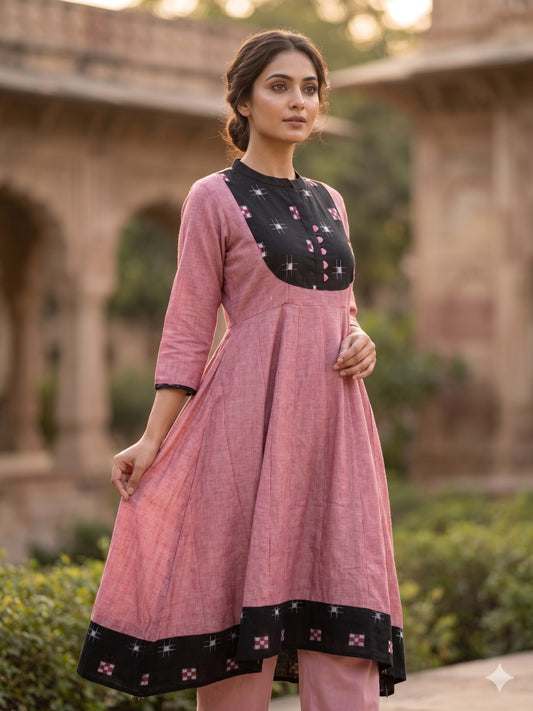 Handloom Pink &Black Star Anarkali  Kurta set
