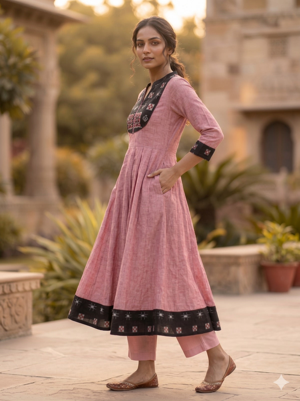 Handloom Pink &Black Star Anarkali  Kurta set