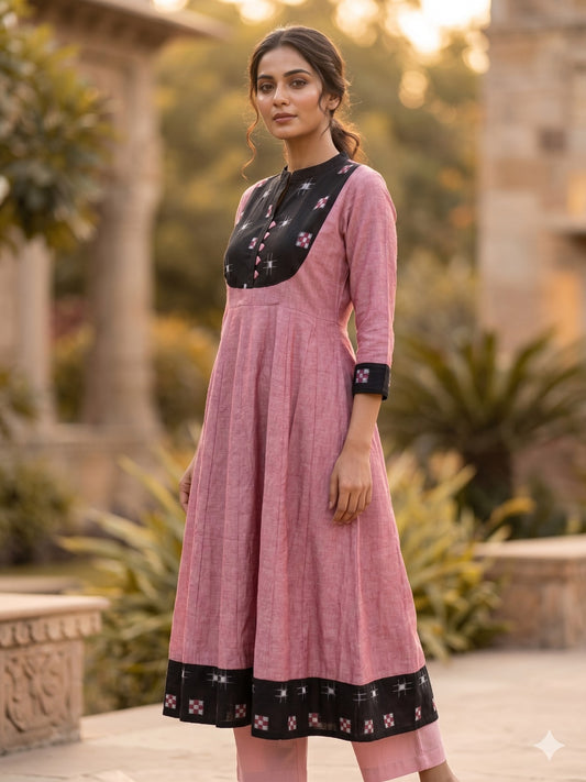 Handloom Pink &Black Star Anarkali  Kurta set