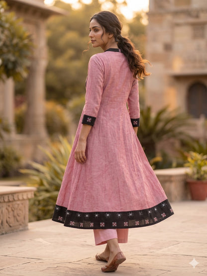 Handloom Pink &Black Star Anarkali  Kurta set