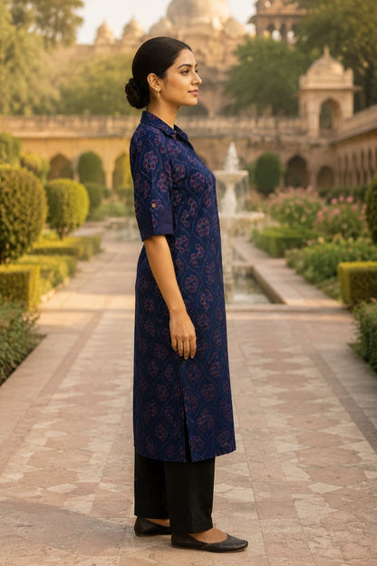 Handloom Blue Collar Neck Stright Kurta