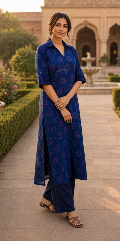 Handloom Blue Collar Neck Stright Kurta