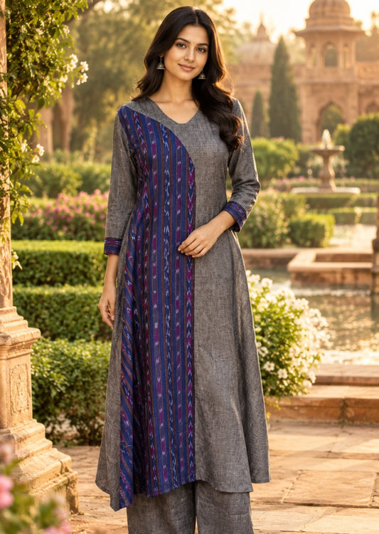 Handloom Womens Grey & blue Kurta Set