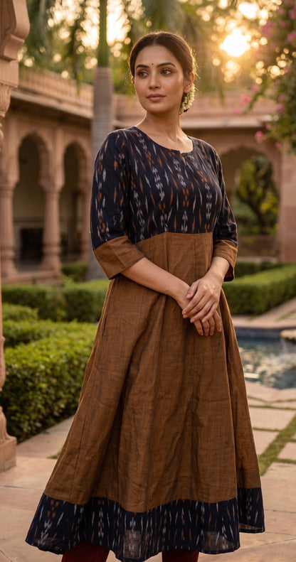 Handloom Womens Black & Mustard Anarkali Kurta Set