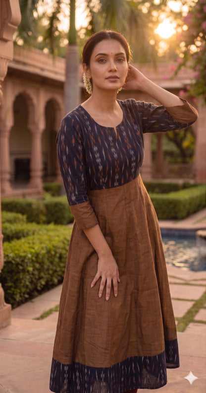 Handloom Womens Black & Mustard Anarkali Kurta Set
