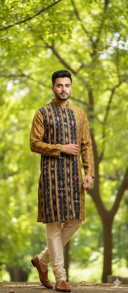 Men's Designer Mustard & Black Cotton Kurta | Classic & Comfortable Ethnic Wear | We Handloom