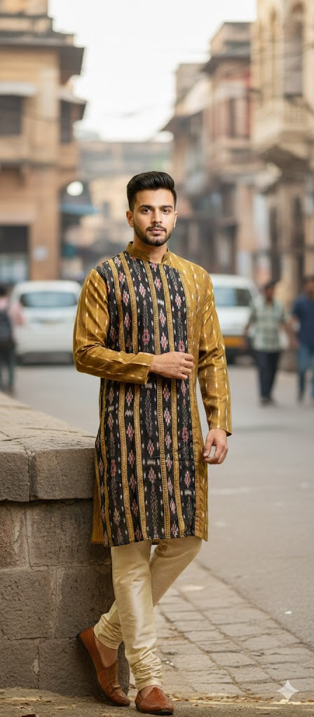 Men's Designer Mustard & Black Cotton Kurta | Classic & Comfortable Ethnic Wear | We Handloom