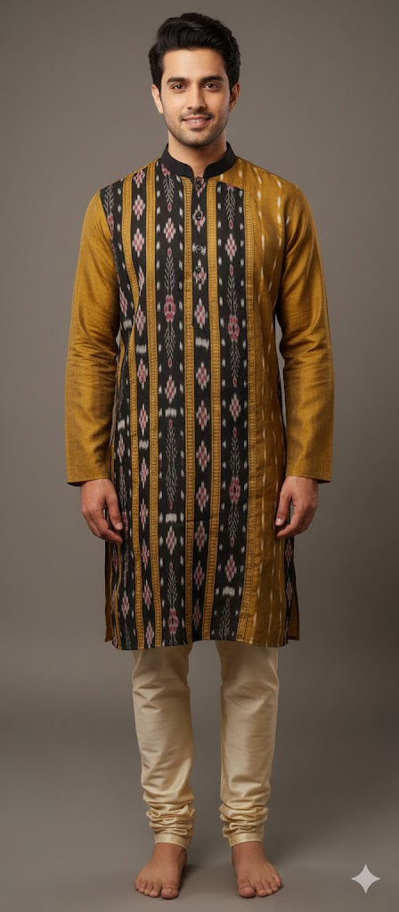 Men's Designer Mustard & Black Cotton Kurta | Classic & Comfortable Ethnic Wear | We Handloom