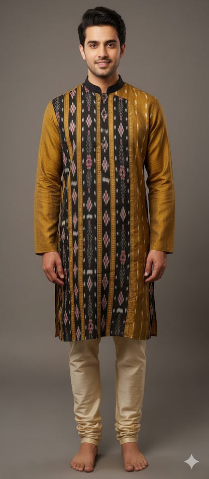 Men's Designer Mustard & Black Cotton Kurta | Classic & Comfortable Ethnic Wear | We Handloom