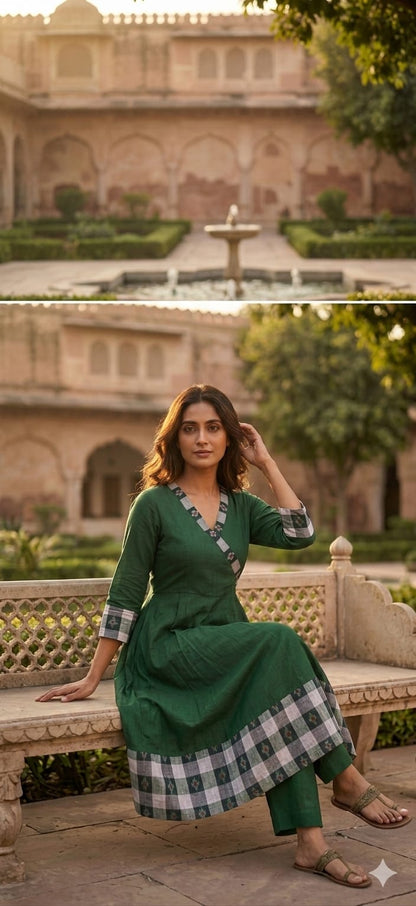 Handloom Green Anarkali Star Bandha Kurta Set