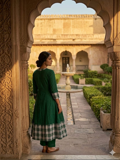 Handloom Green Anarkali Star Bandha Kurta Set