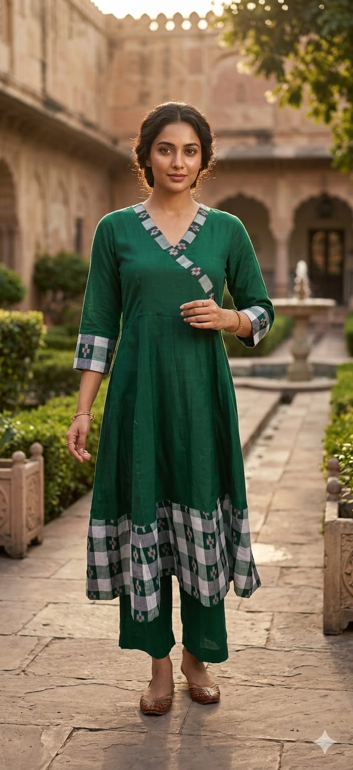 Handloom Green Anarkali Star Bandha Kurta Set