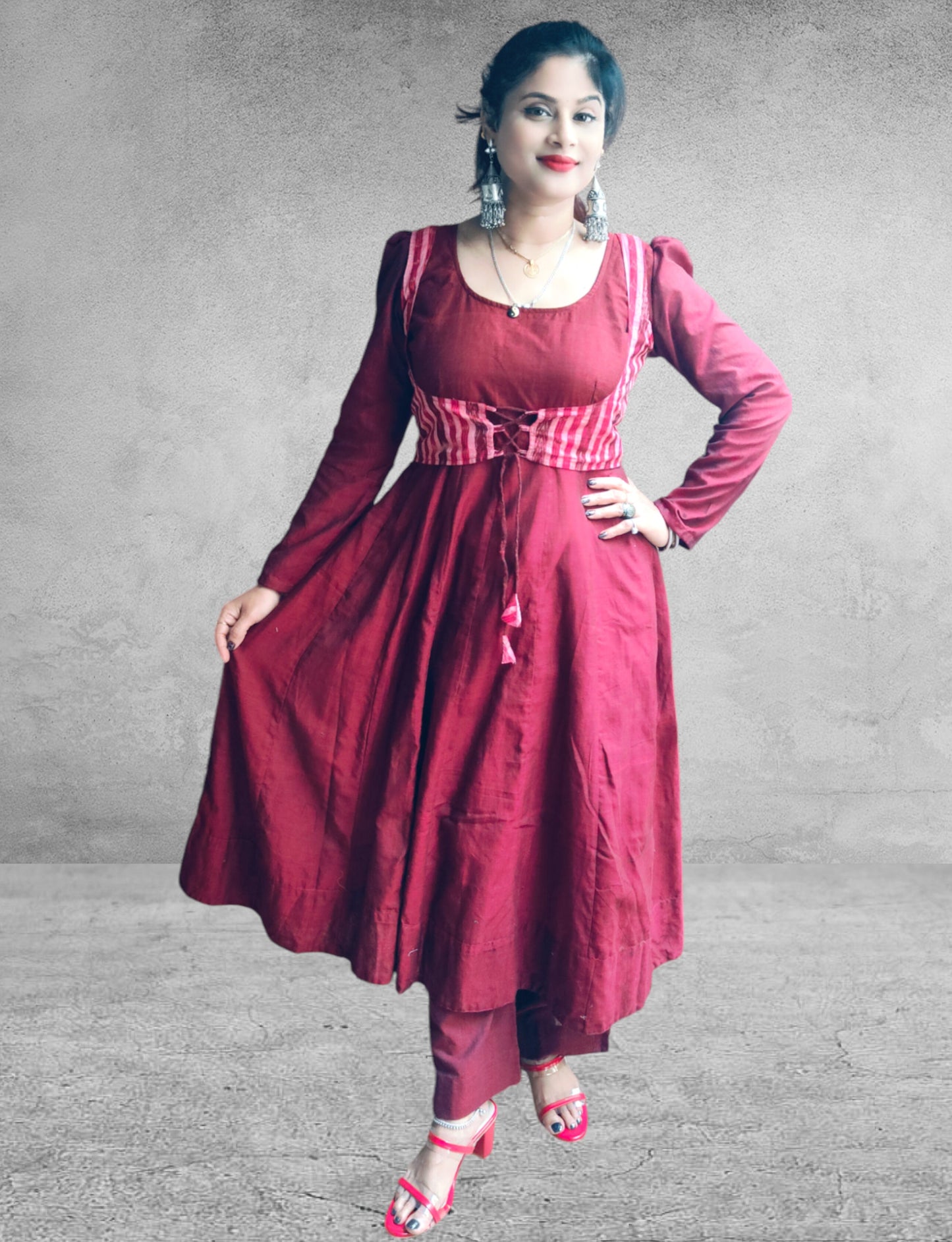 Cotton Marron Anarkali Kurta & Short Jacket Kurta Set