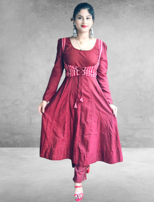 Cotton Marron Anarkali Kurta & Short Jacket Kurta Set