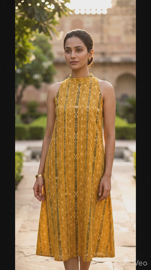 Handloom Yellow Bandha Halter Neck Kurta