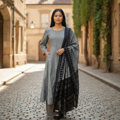 Handloom Designer Grey Kurta ,Pant nd  Dupatta Set