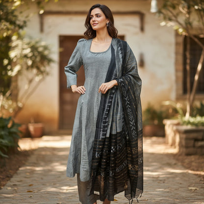 Handloom Designer Grey Kurta ,Pant nd  Dupatta Set