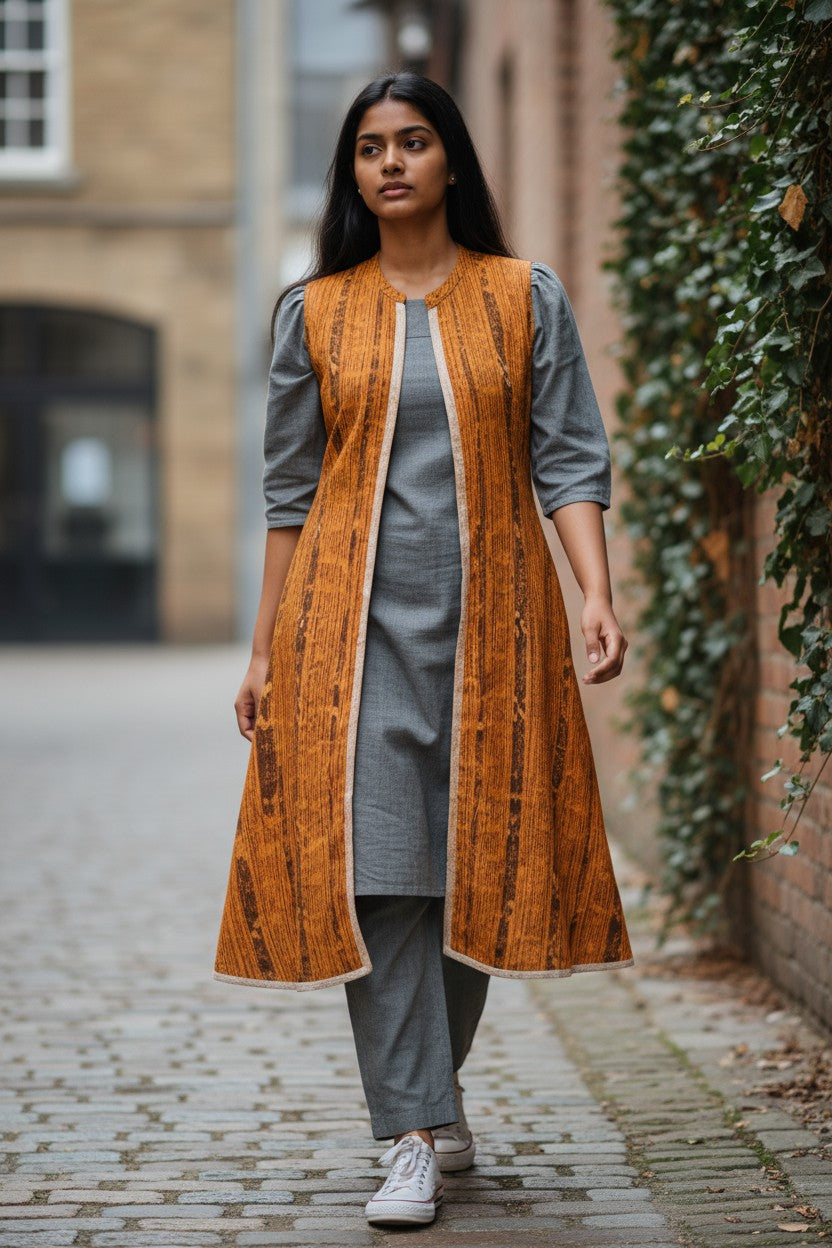 Women Cotton Yellow & Grey Shrug Set