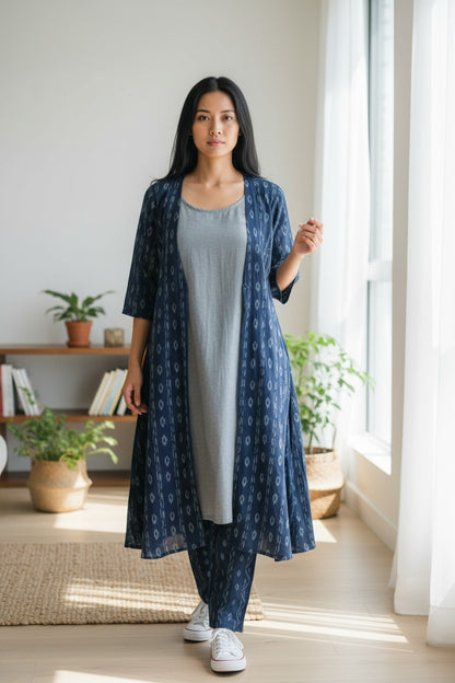 Women Cotton Blue & Grey Shrug Set