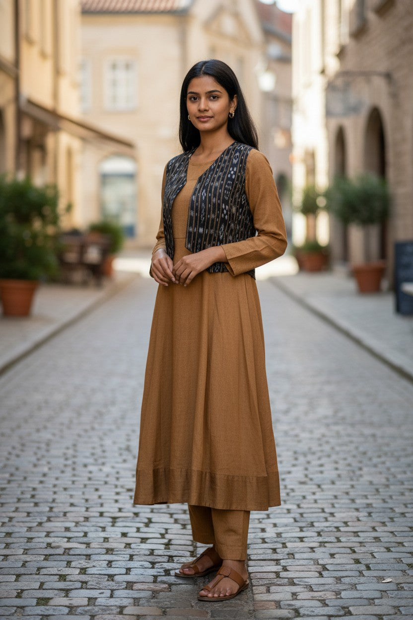 Handloom Mustard Anarkali Set with Black Jacket