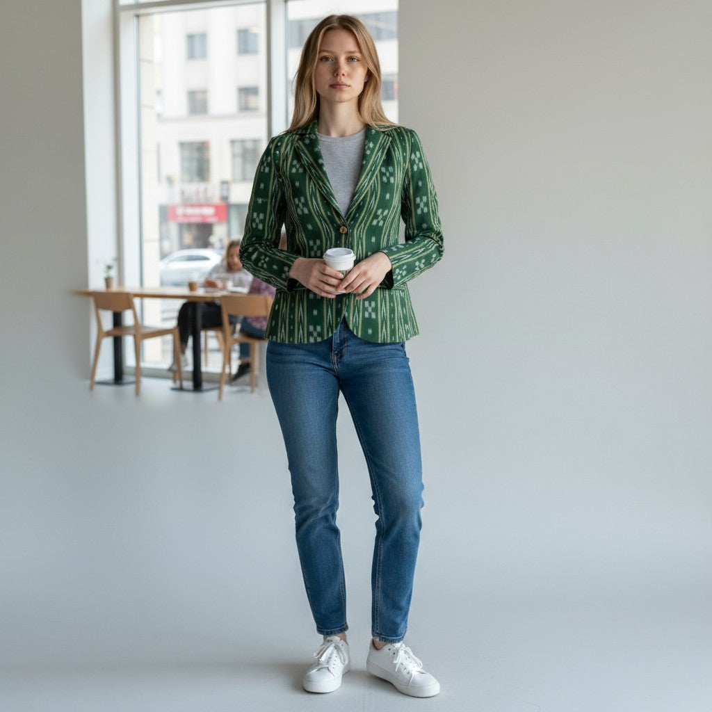 Handloom Green Ikkat Blazer Suit