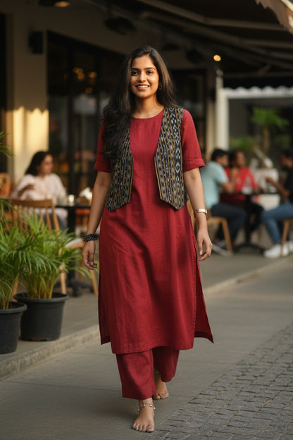 Handloom Maroon Kurta Set & Half Jacket
