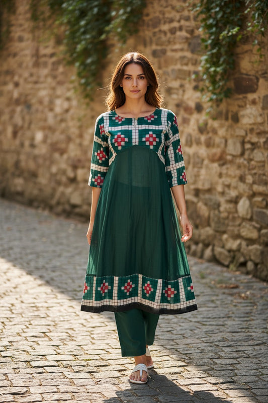 Handloom Green Passapali Anarkali Kurta Set