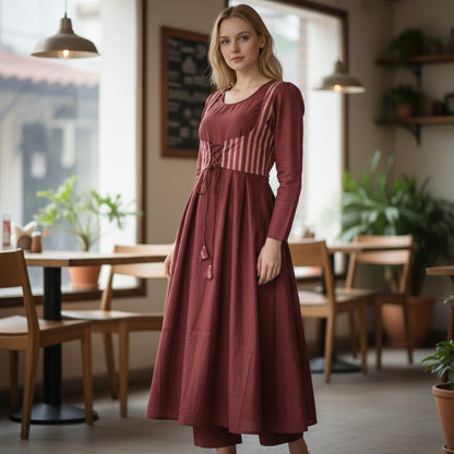 Cotton Maroon Anarkali Kurta & Short Jacket Kurta Set