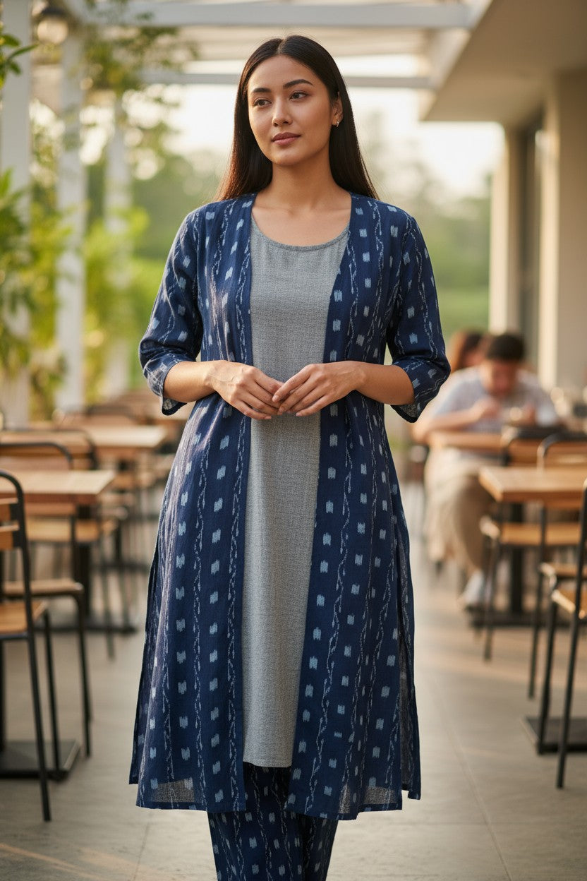 Women Cotton Blue & Grey Shrug Set