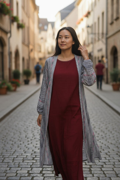 Handloom Designer White & Marron Shrug Set