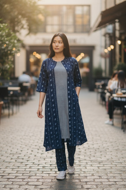 Women Cotton Blue & Grey Shrug Set