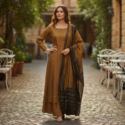 Handloom Designer Mustard Kurta ,Pant nd  Dupatta Set