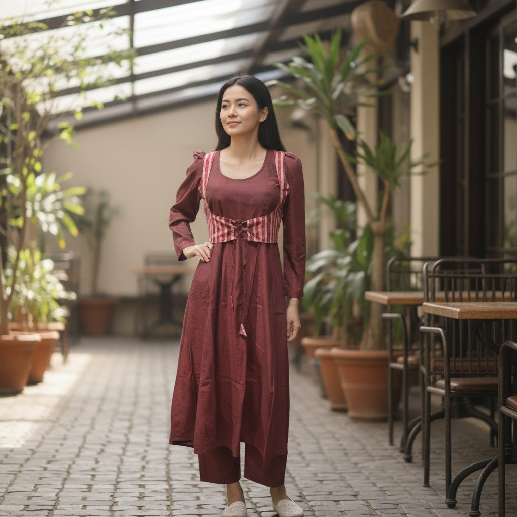 Cotton Maroon Anarkali Kurta & Short Jacket Kurta Set