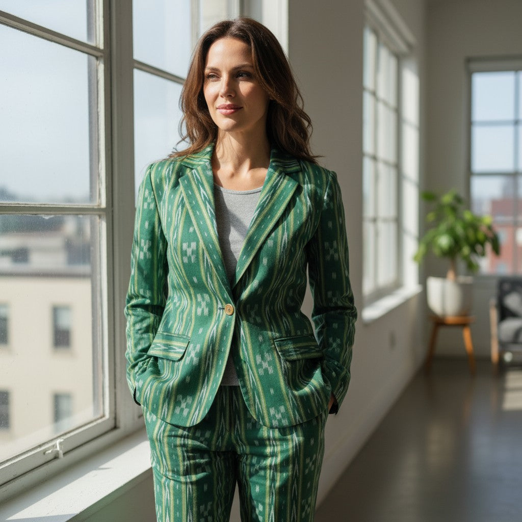 Handloom Green Ikkat Blazer Suit