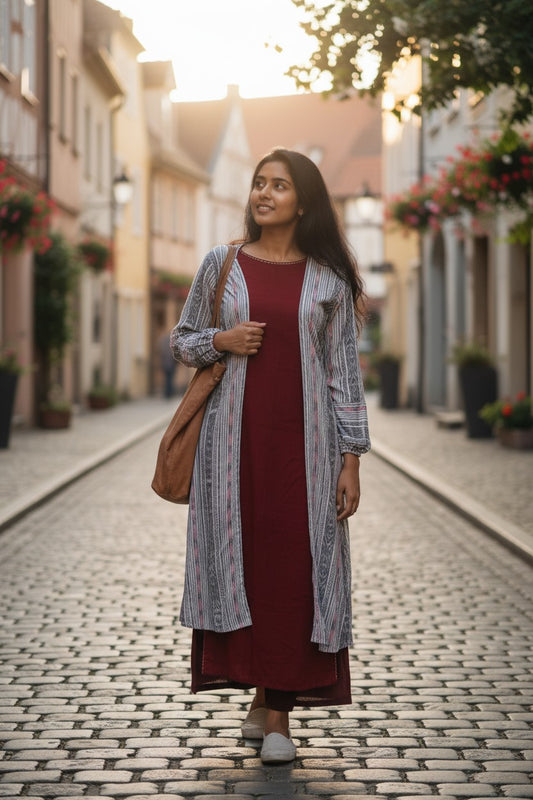Handloom Designer White & Marron Shrug Set