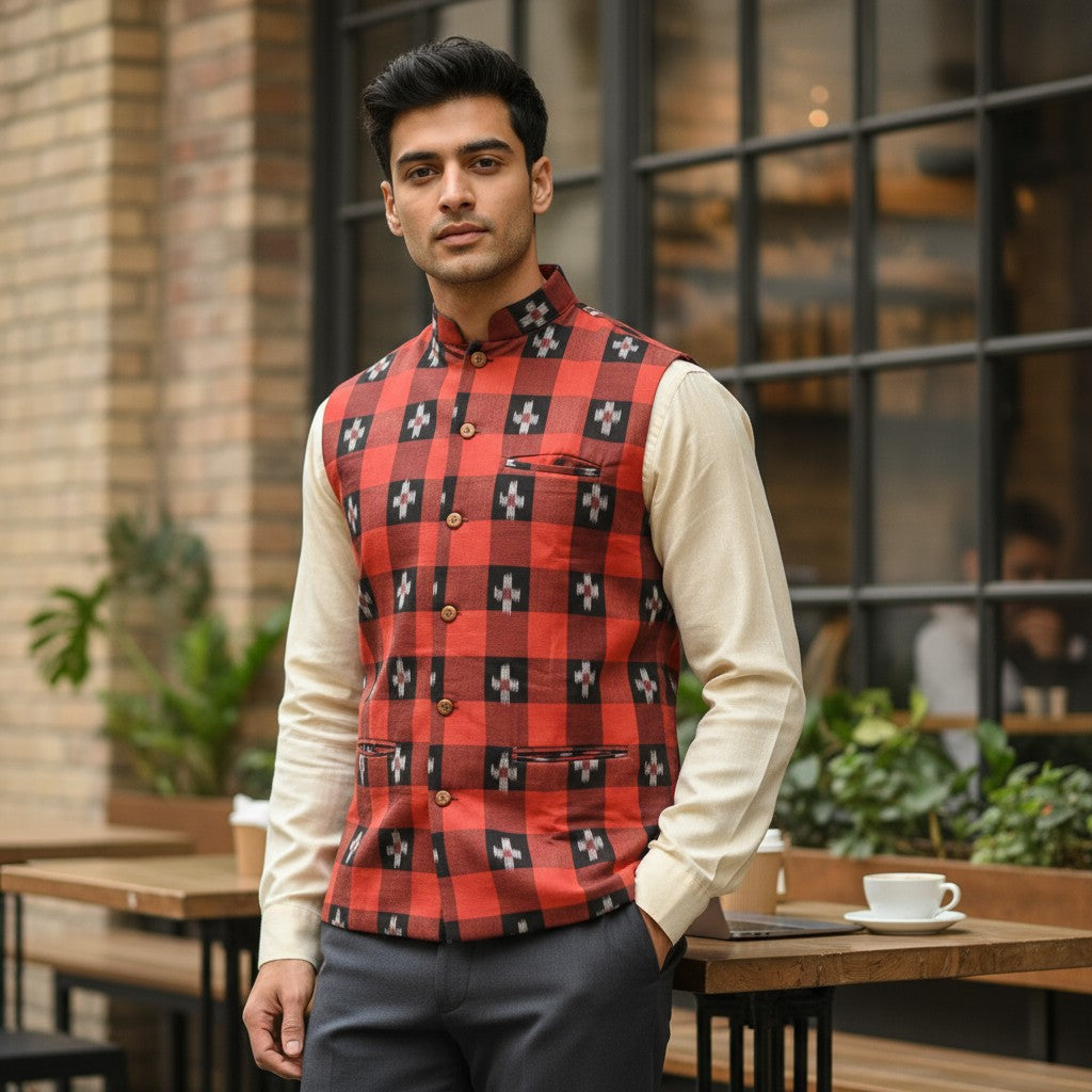 Handloom Maroon Star Men's Jacket
