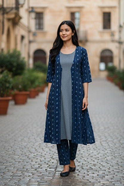 Women Cotton Blue & Grey Shrug Set