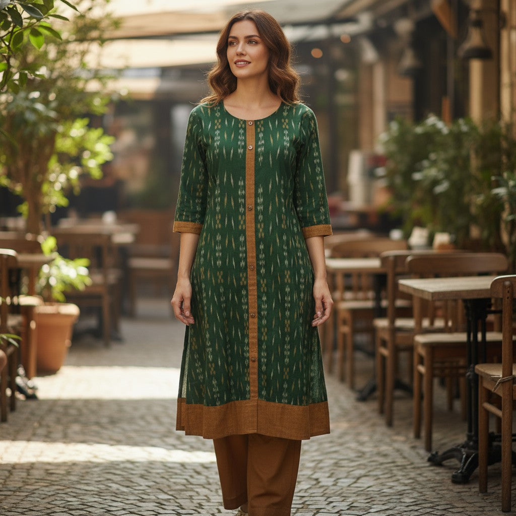 Handloom Cotton Stylish Green Kurta Set