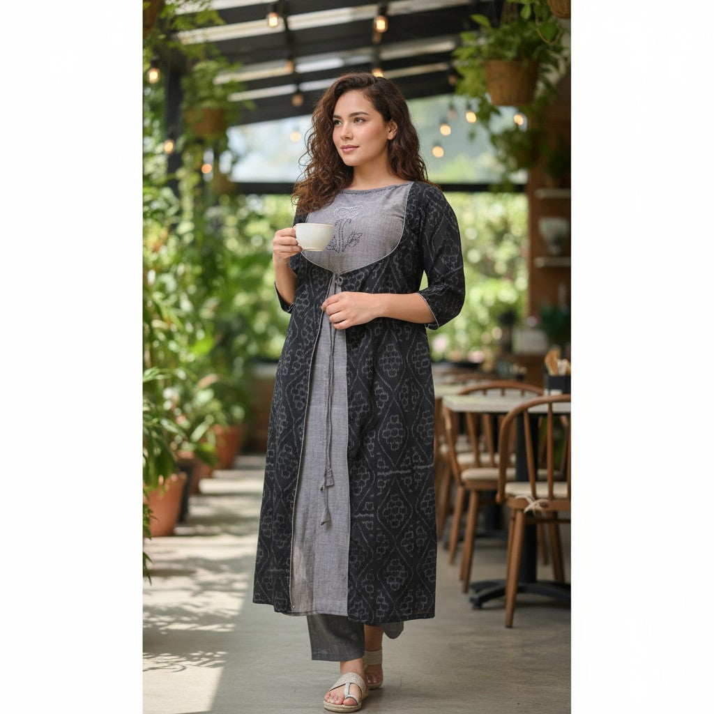 Kantha Stich  Designer Black Jacket Kurta & Pant Set