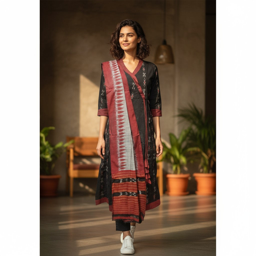 Handloom Anarkali Kurta Set | Kurta, Pant & Dupatta, Black | We Handloom