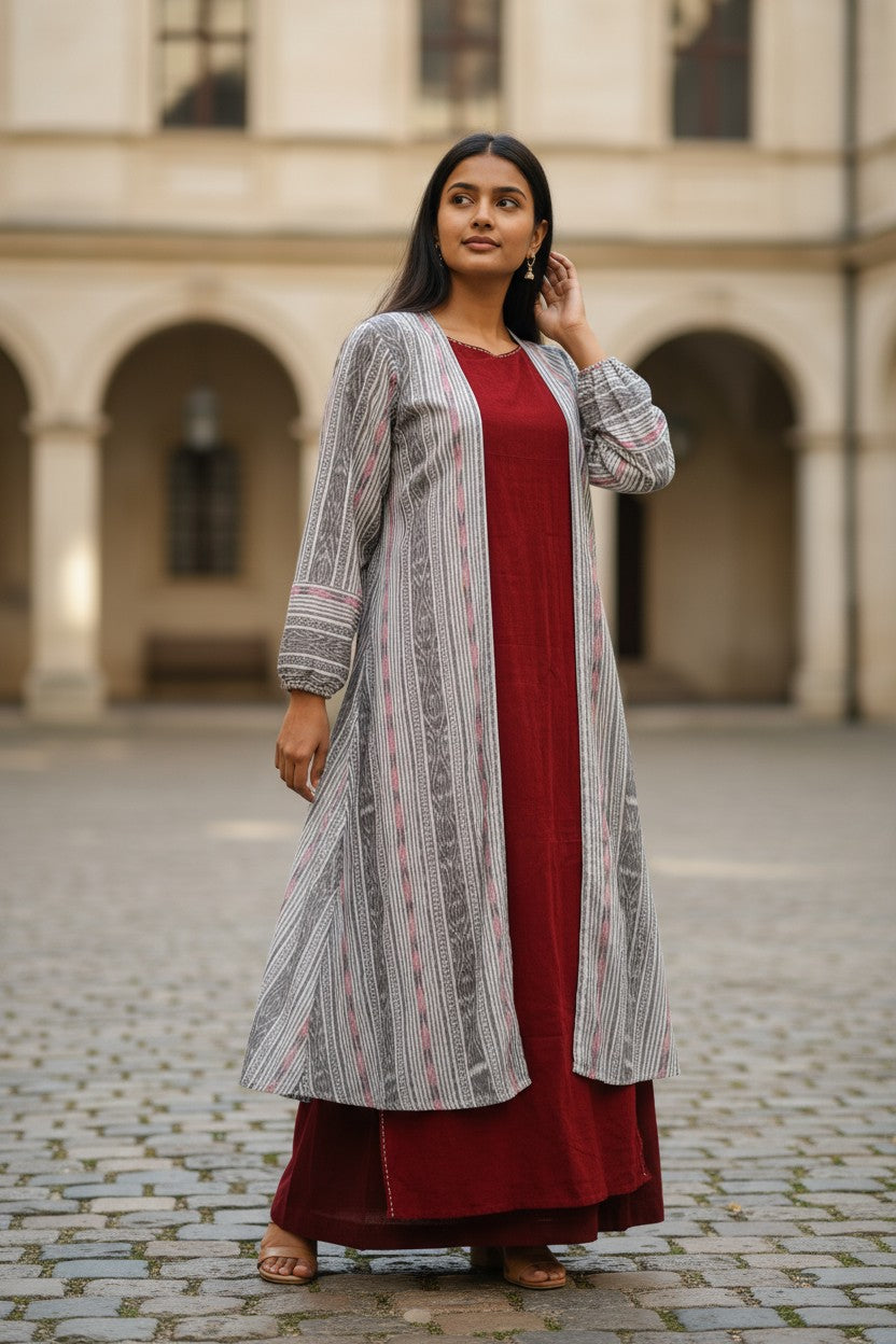 Handloom Designer White & Marron Shrug Set