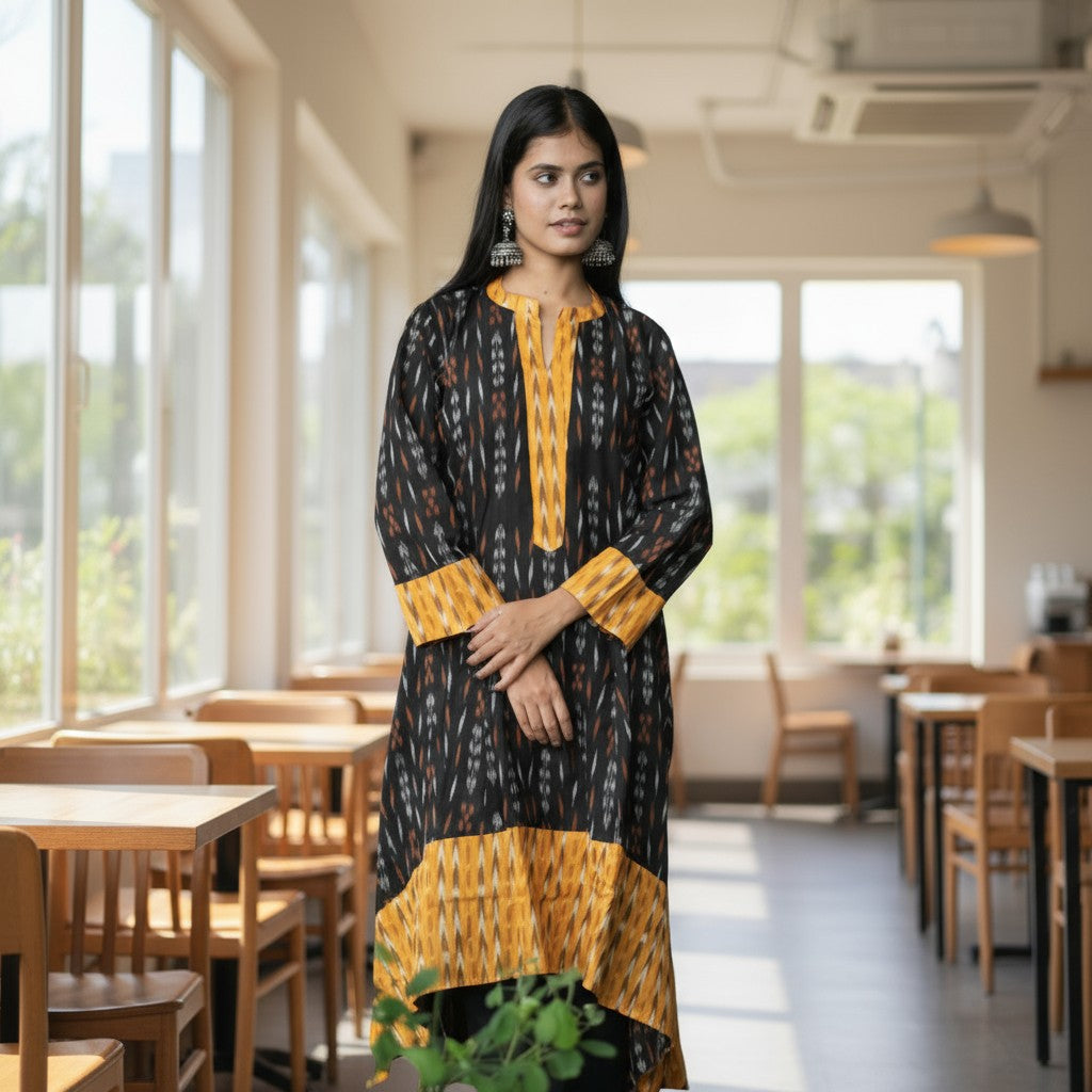 Handloom Pure Cotton Ikkat High-Low Kurta Set