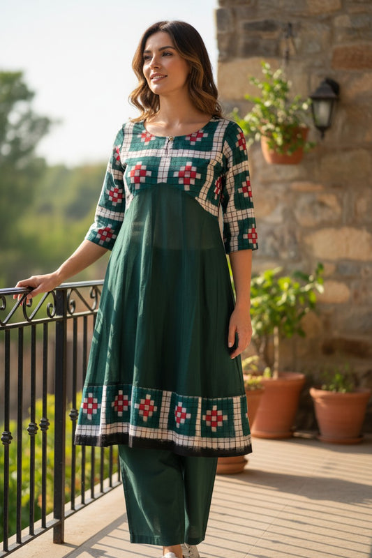 Handloom Green Passapali Anarkali Kurta Set