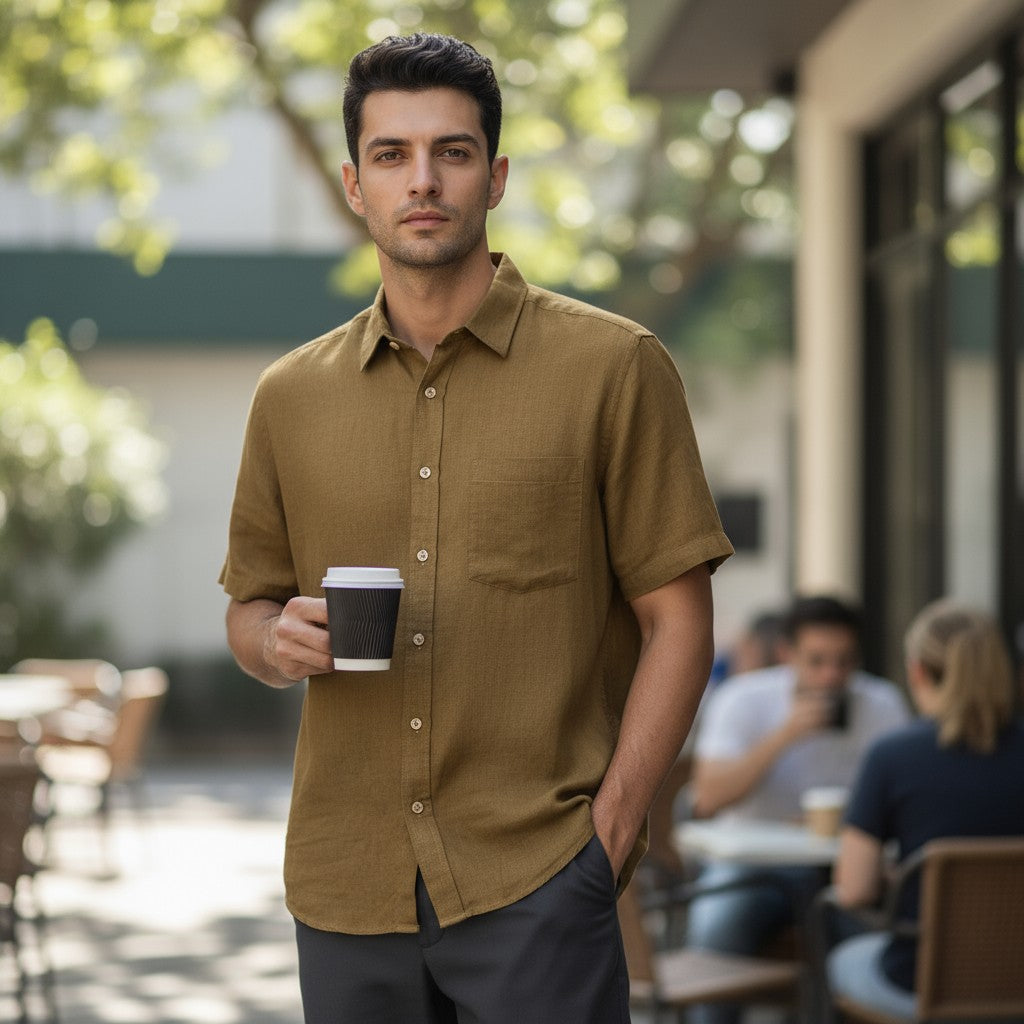Handloom Mens Mustard Plain Half Shirt