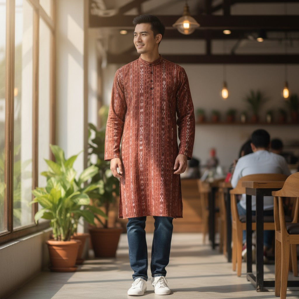 Handloom Cotton Maroon Mens Kurta