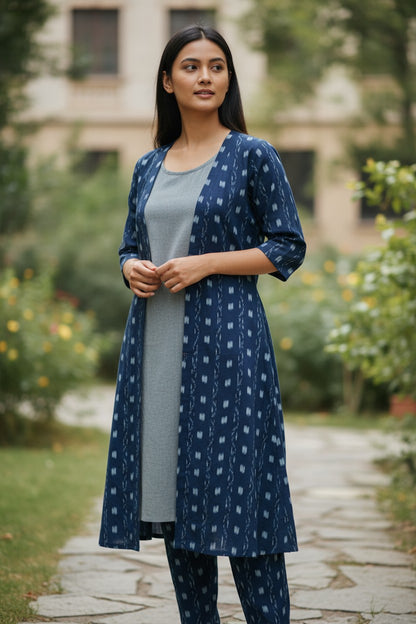 Women Cotton Blue & Grey Shrug Set